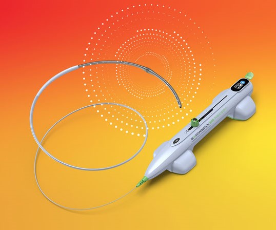 A sleek, white medical device from the Cardiovascular Institute in Baton Rouge features a long, flexible tube connected to a handheld controller with buttons and a small display screen. The background is a gradient of yellow to orange with white dotted circular patterns.