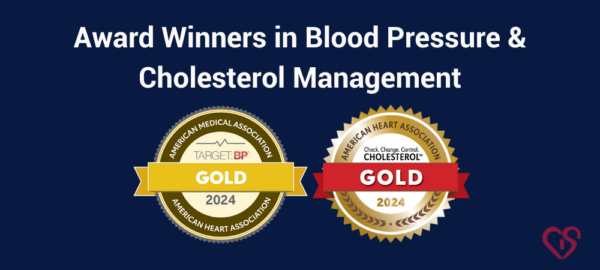 Image showing two gold award badges for blood pressure and cholesterol management for 2024 from the American Medical Association and American Heart Association.